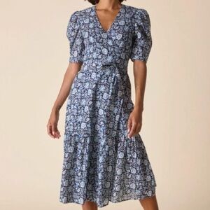 St Roche Pearl Wrap Midi Dress Organic Cotton in Navy Floral Size 4 NWT!